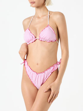 Woman seersucker triangle bikini with striped print