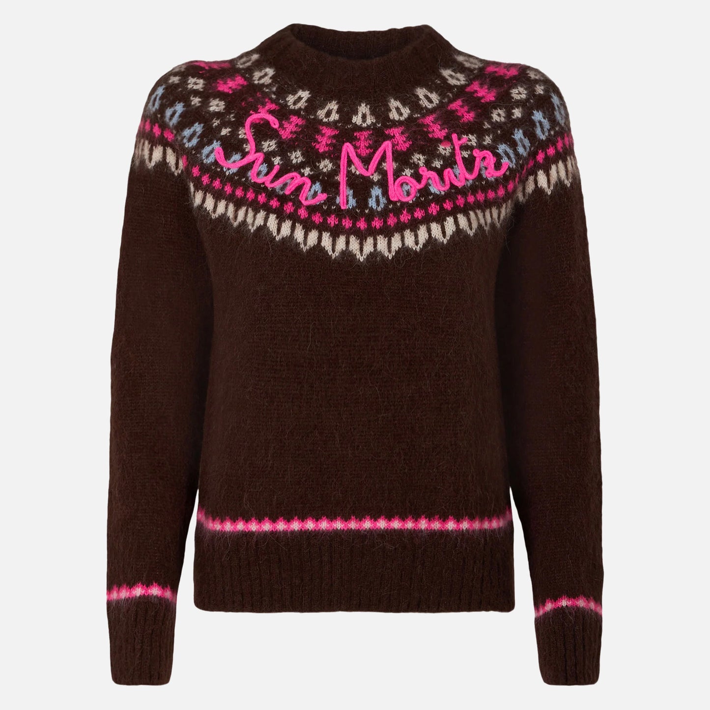 Brauner Damen-Rundhalspullover aus nordischem Jacquard