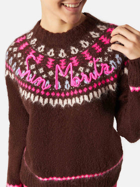 Brauner Damen-Rundhalspullover aus nordischem Jacquard