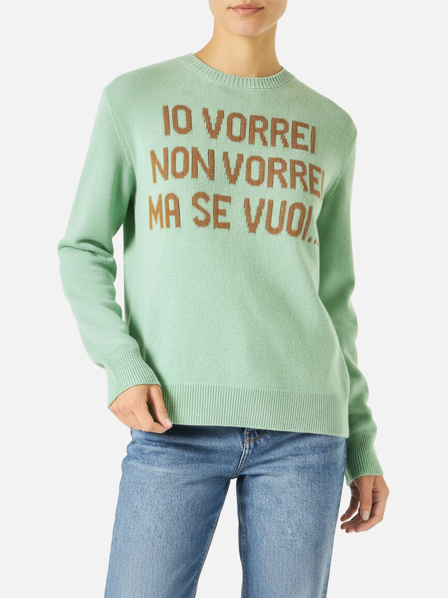 Maglione da donna verde con jacquard Vorrei non vorrei ma se vuoi