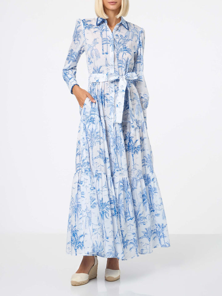 Woman long dress with toile de jouy print