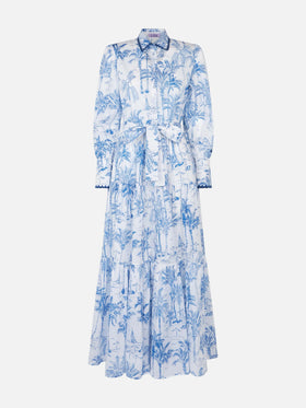 Woman long dress with toile de jouy print