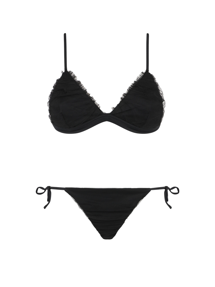 Triangle black bikini lapped with black shiny tulle - MC2 Saint Barth