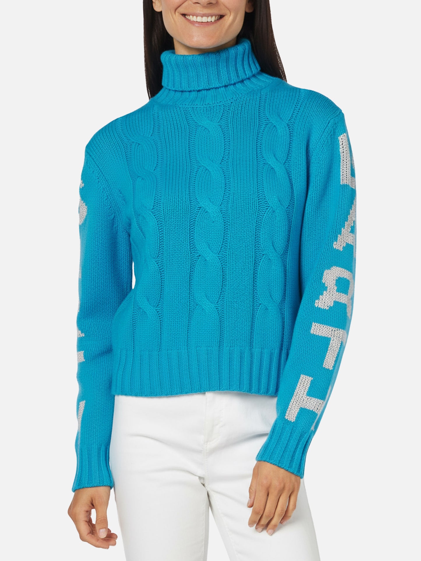 Woman turtleneck braided sweater with Saint Barth jacquard