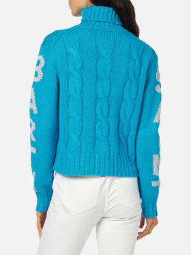 Woman turtleneck braided sweater with Saint Barth jacquard