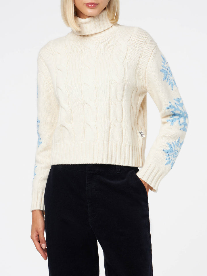 Maglione da donna intrecciato a collo alto con strass fiocco di neve