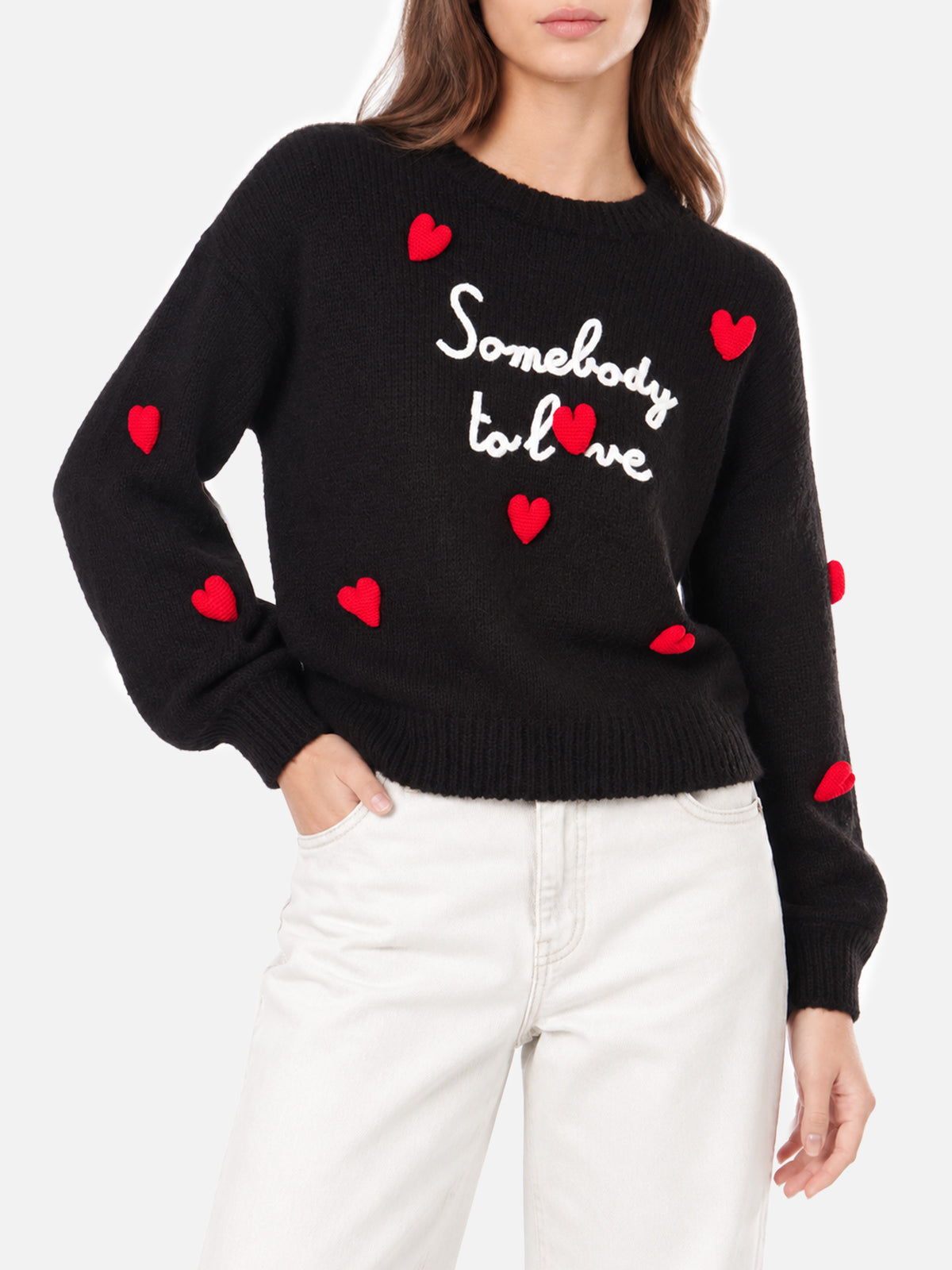 Danya Soft black sweater with Somebody to love embroidery and crochet hearts