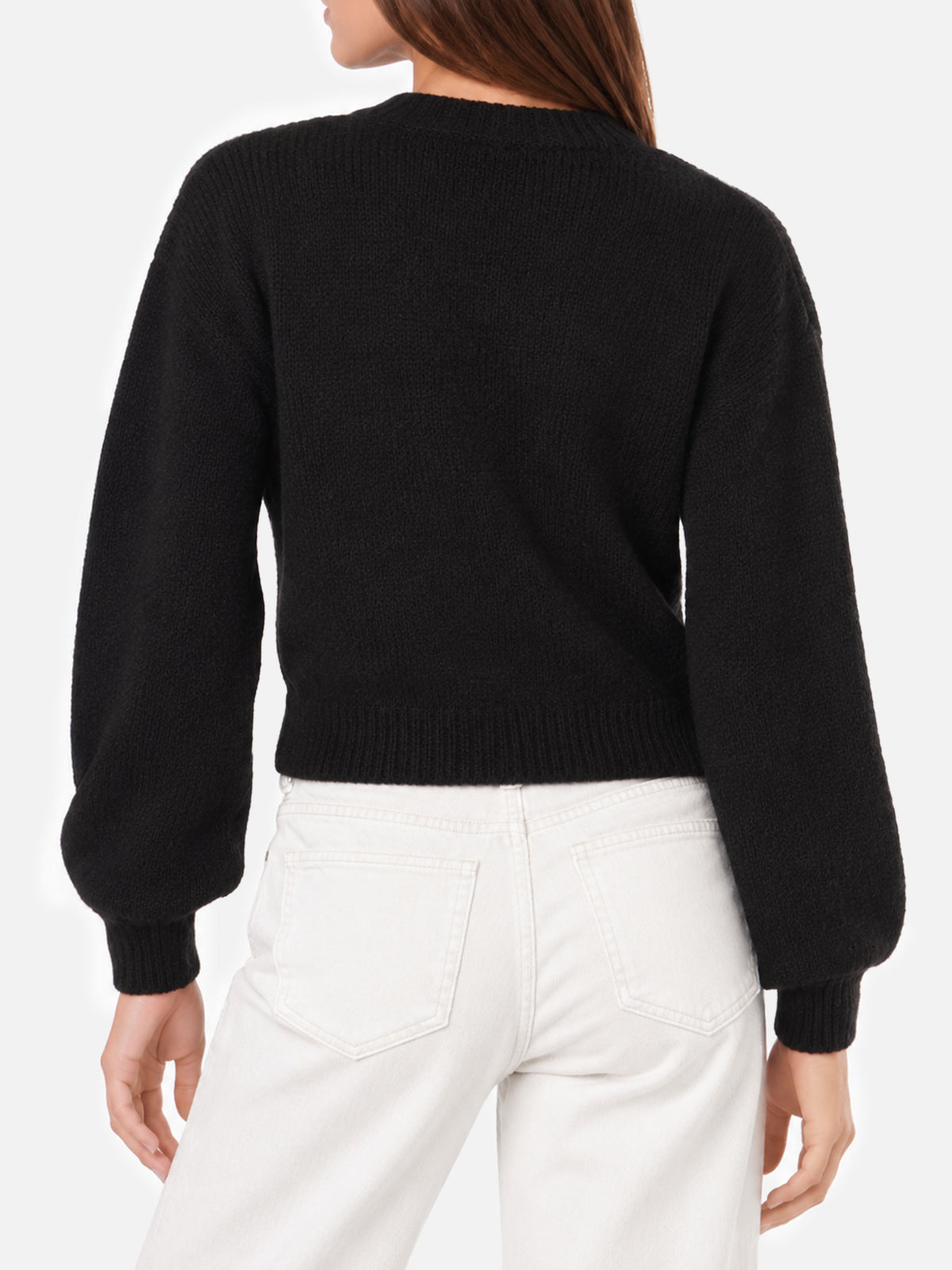 Danya Soft black sweater with Somebody to love embroidery and crochet hearts