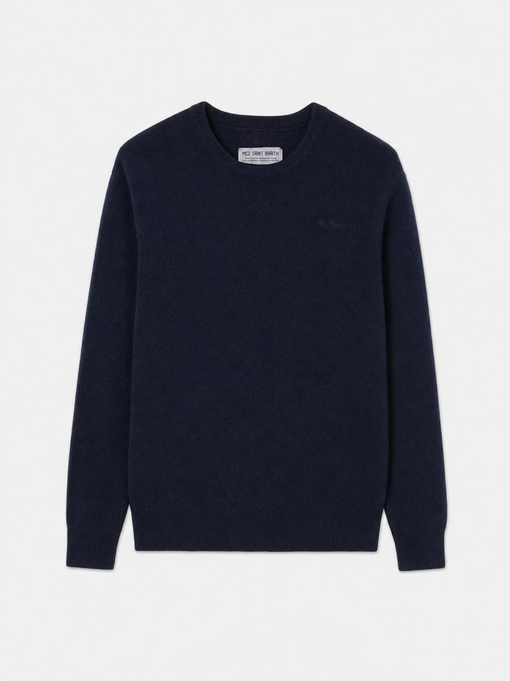 Navy blue Heron lambswool crewneck sweater with logo embroidery