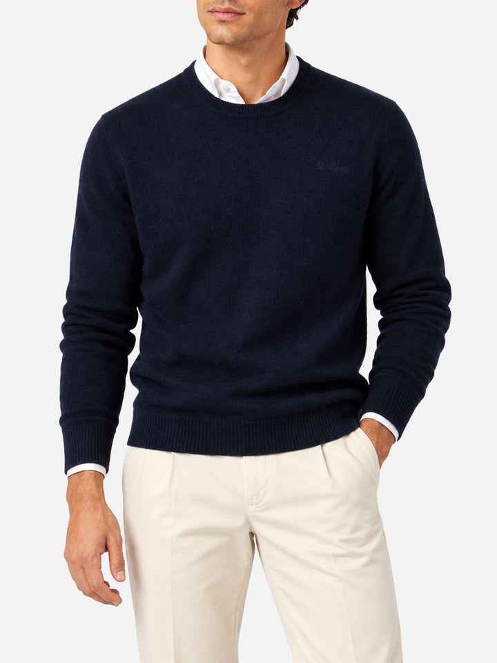 Navy blue Heron lambswool crewneck sweater with logo embroidery