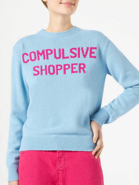 Woman crewneck light blue sweater with Compulsive Shopper jacquard - MC2 Saint Barth