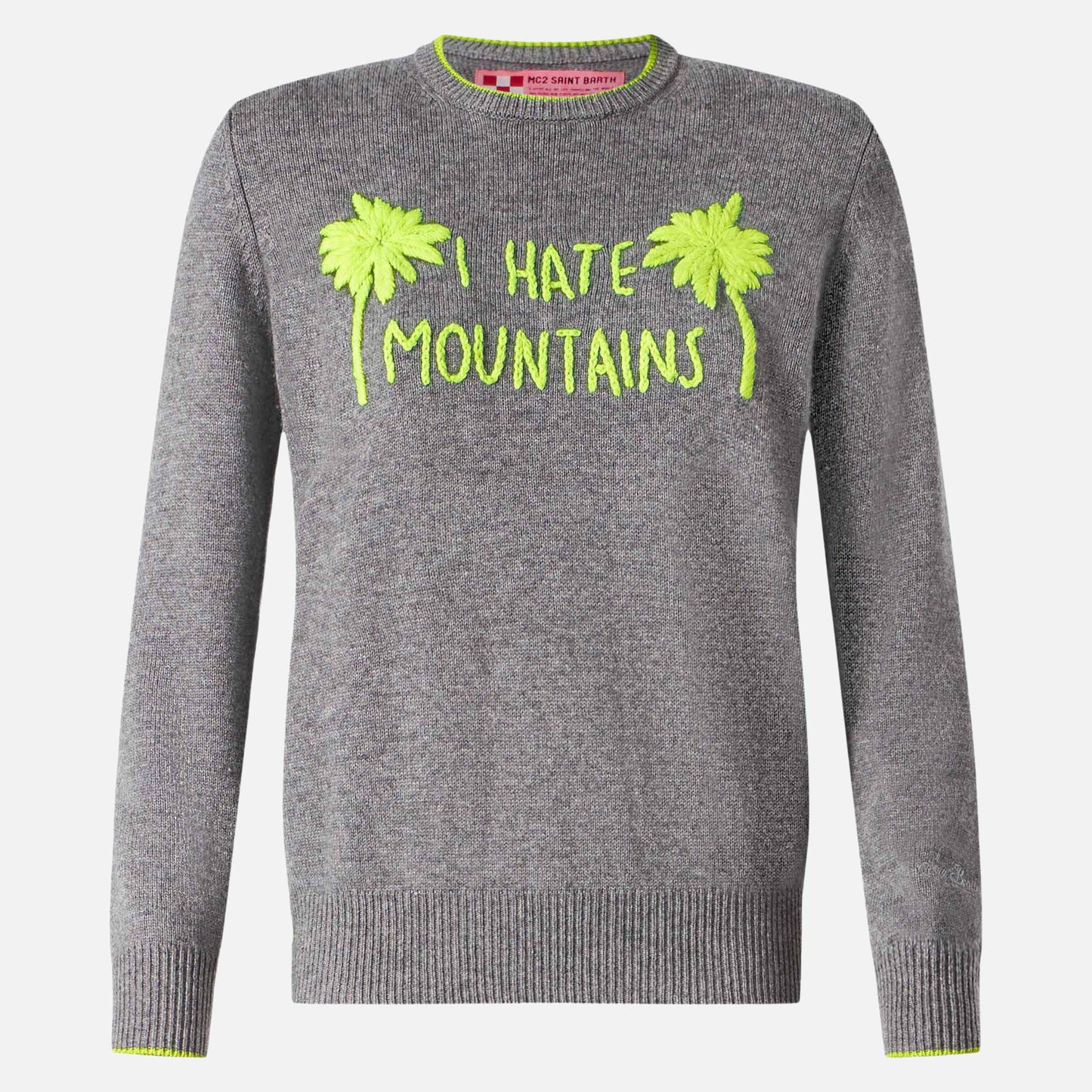 Maglione da donna grigio ricamo I hate mountains giallo fluo 