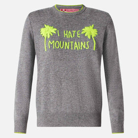 Maglione da donna grigio ricamo I hate mountains giallo fluo 