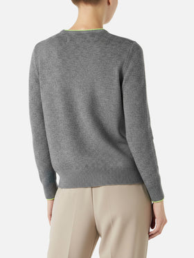 Maglione da donna grigio ricamo I hate mountains giallo fluo 