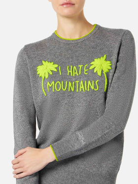 Maglione da donna grigio ricamo I hate mountains giallo fluo 