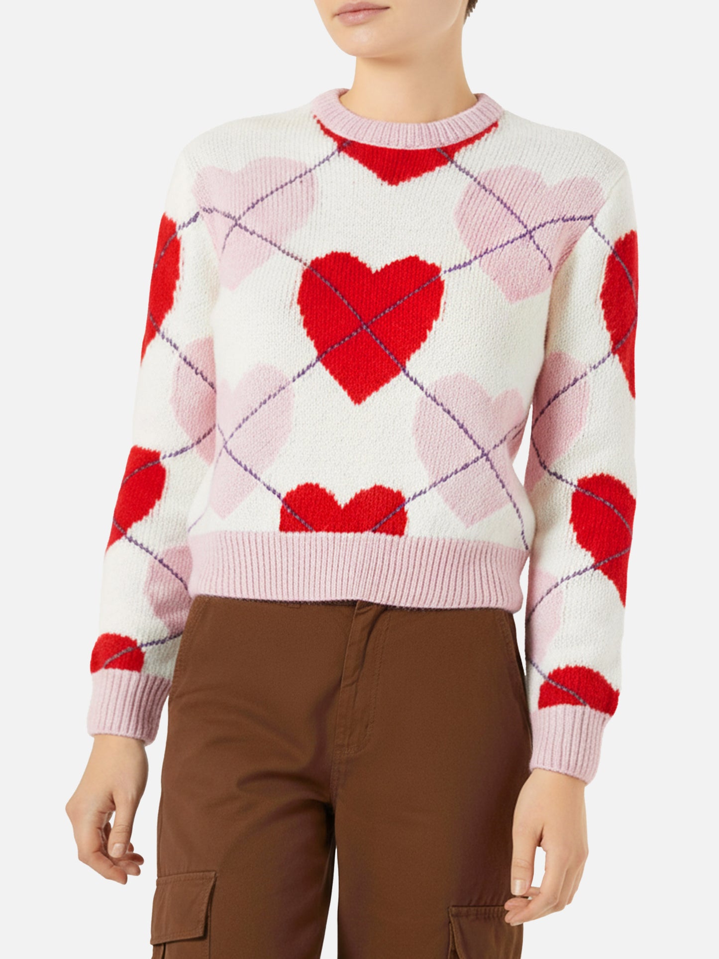 Maglione cropped garzato da donna con fantasia a cuori