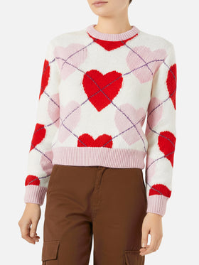 Maglione cropped garzato da donna con fantasia a cuori