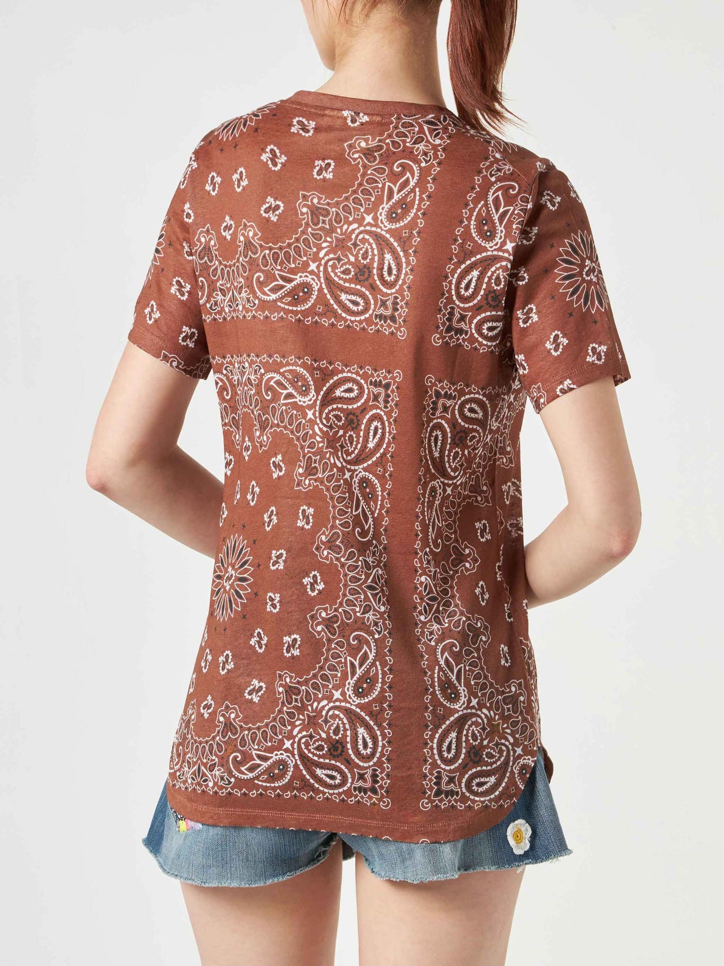 Woman linen t-shirt with bandanna print - MC2 Saint Barth