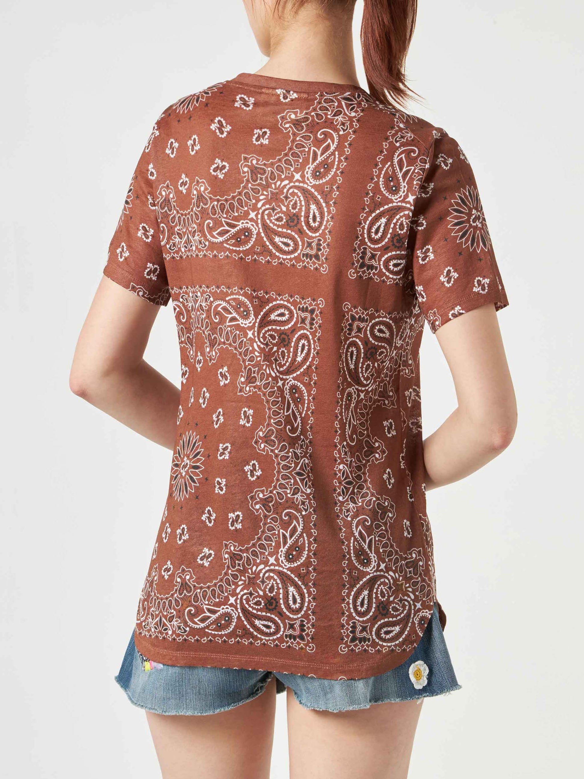 Woman linen t-shirt with bandanna print - MC2 Saint Barth