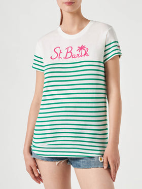 Green striped cotton t-shirt with St. Barth embroidery - MC2 Saint Barth