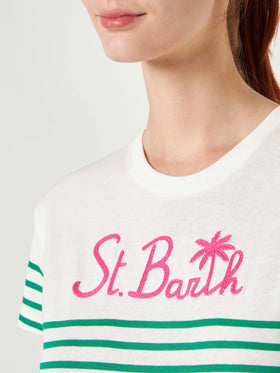 Green striped cotton t-shirt with St. Barth embroidery - MC2 Saint Barth