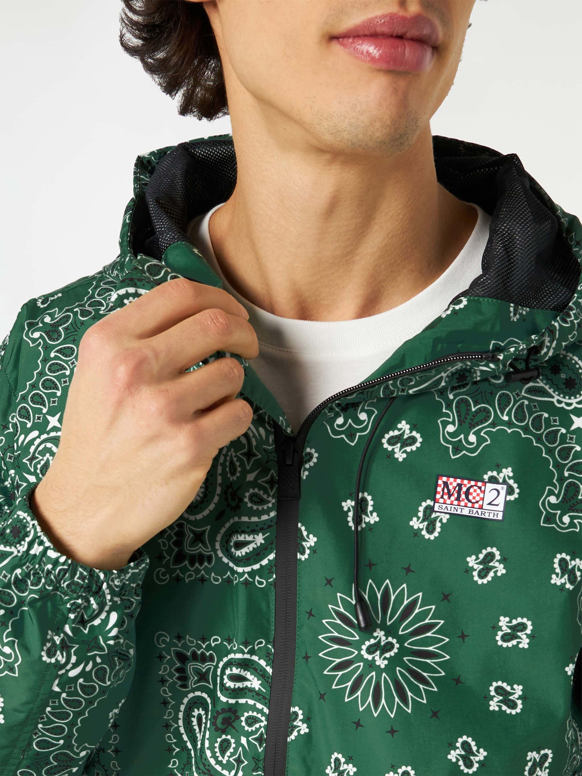 Man hooded lightweight windbreaker with bandanna print - MC2 Saint Barth