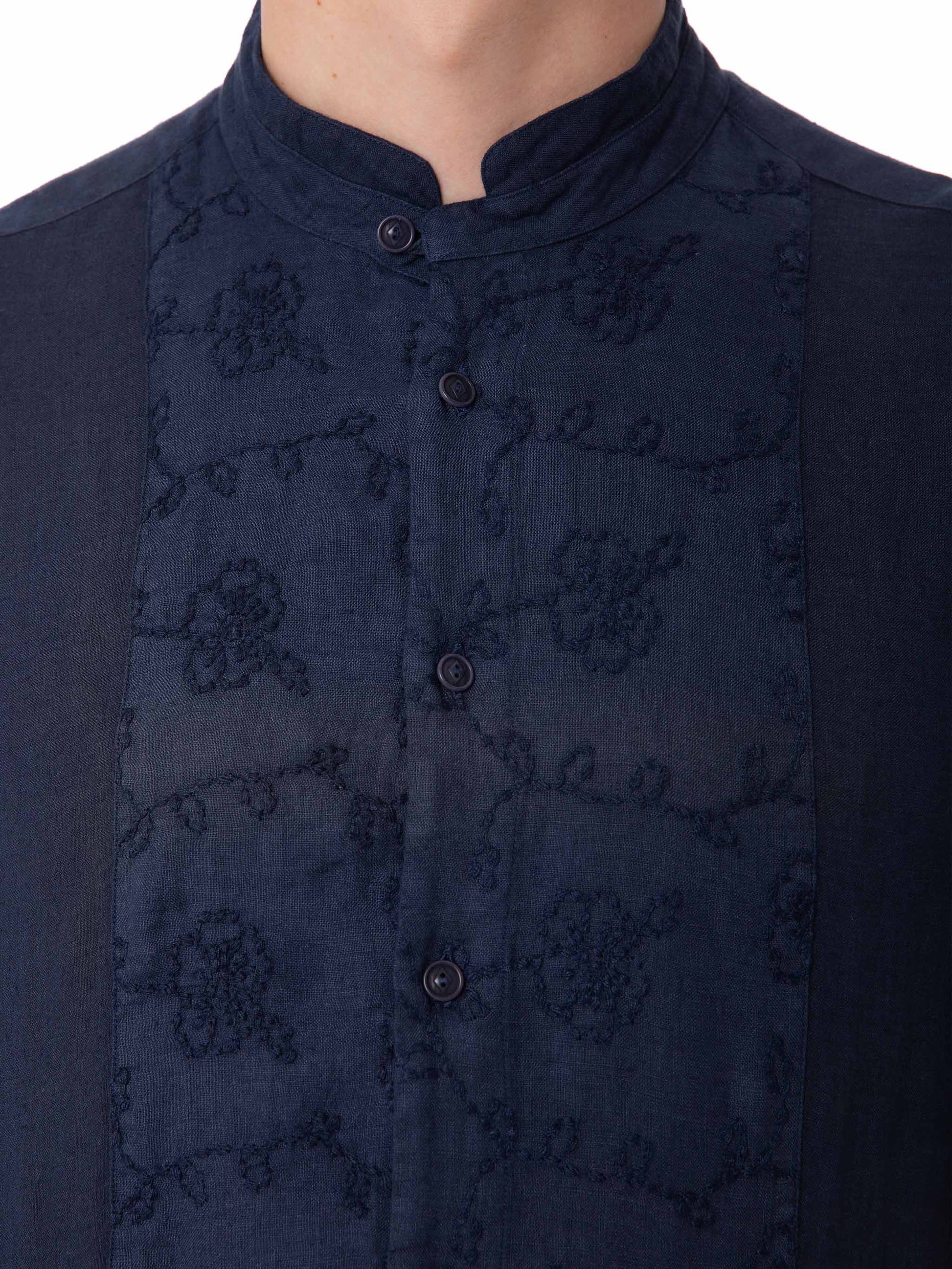 Man blue linen shirt with flower embroidery - MC2 Saint Barth